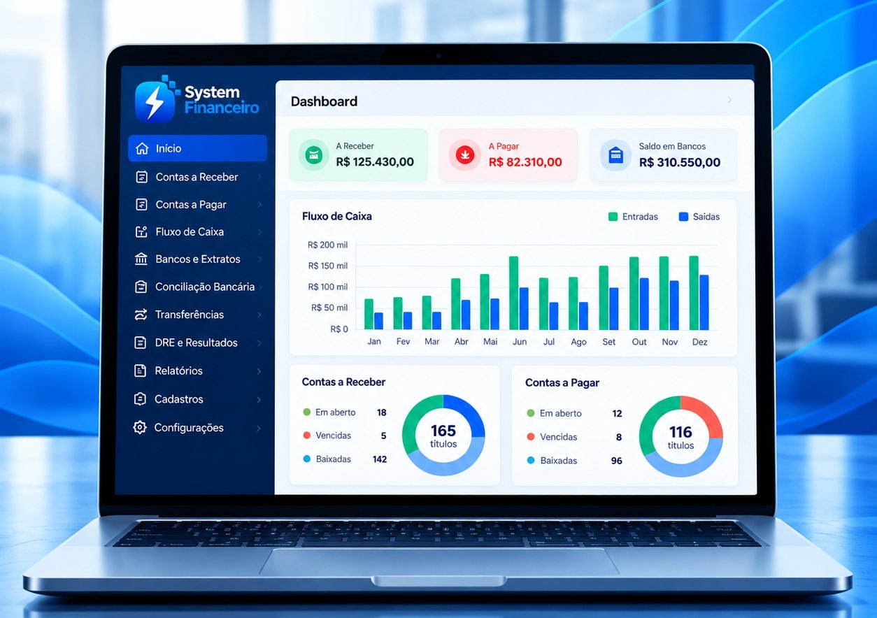 Dashboard do System Financeiro em um notebook, com contas a receber e a pagar, saldo em bancos e fluxo de caixa