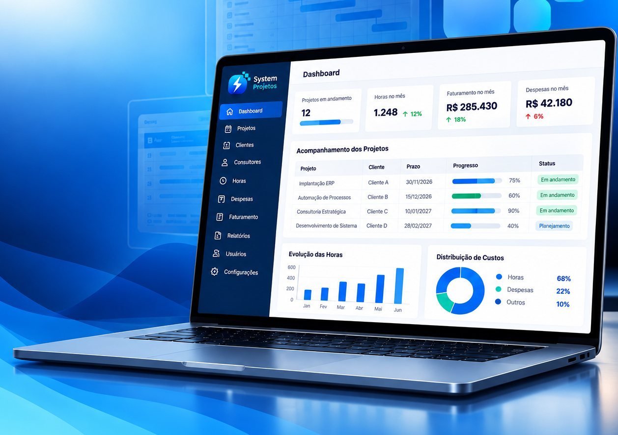 Dashboard do System Projetos em um notebook, com projetos em andamento, horas, faturamento e despesas